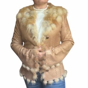 Women's Genuine Leather Tan Fur-Trimmed Jacket